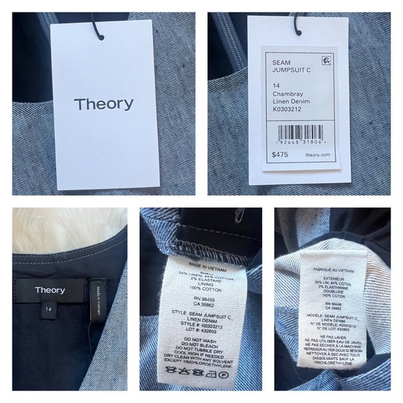 New! THEORY Seamed Wide Leg Jumpsuit in Linen Denim - Picture 9 of 9